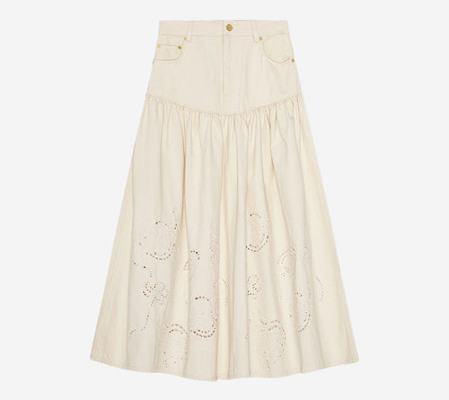 CHÂN VÁY DÀI DENIM GAN-BRODERIE ANGLAISE