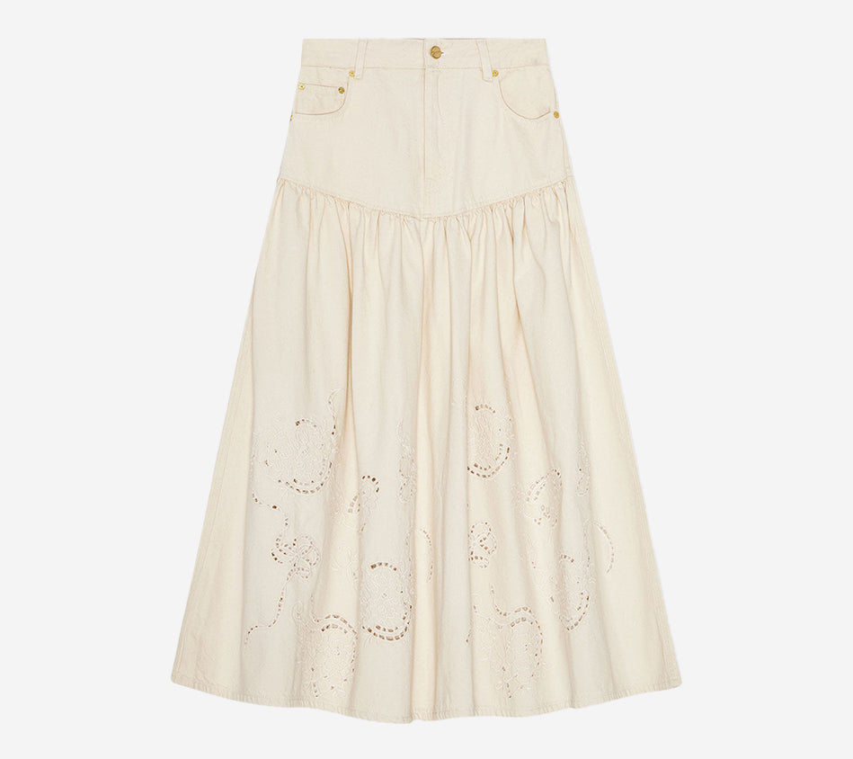 CHÂN VÁY DÀI DENIM GAN-BRODERIE ANGLAISE