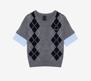 JUN-[ESSENTIAL] WOVEN SLEEVE PATCHED ARGYLE PULLOVER