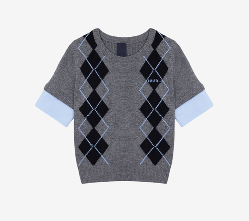 JUN-[ESSENTIAL] WOVEN SLEEVE PATCHED ARGYLE PULLOVER