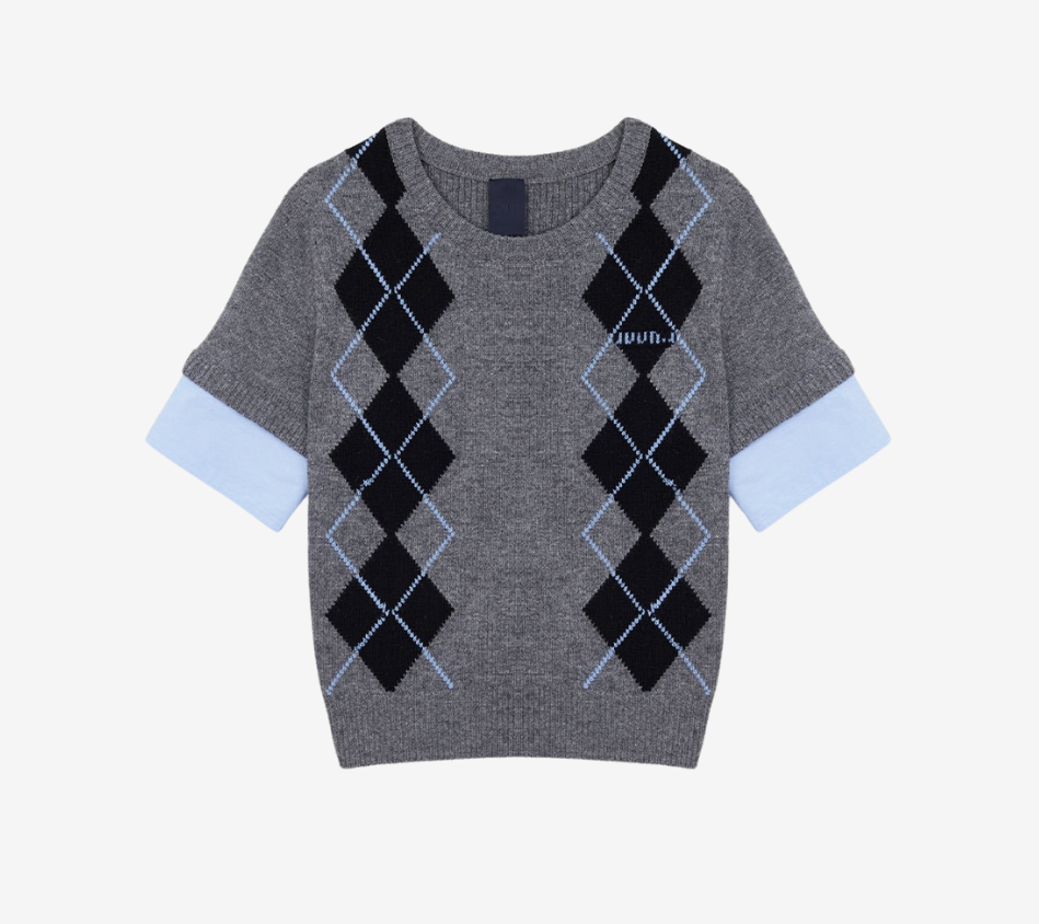 JUN-[ESSENTIAL] WOVEN SLEEVE PATCHED ARGYLE PULLOVER