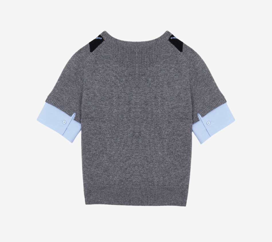 JUN-[ESSENTIAL] WOVEN SLEEVE PATCHED ARGYLE PULLOVER