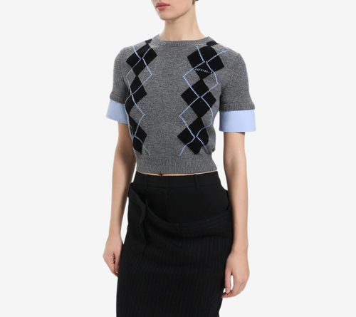 JUN-[ESSENTIAL] WOVEN SLEEVE PATCHED ARGYLE PULLOVER