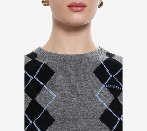 JUN-[ESSENTIAL] WOVEN SLEEVE PATCHED ARGYLE PULLOVER