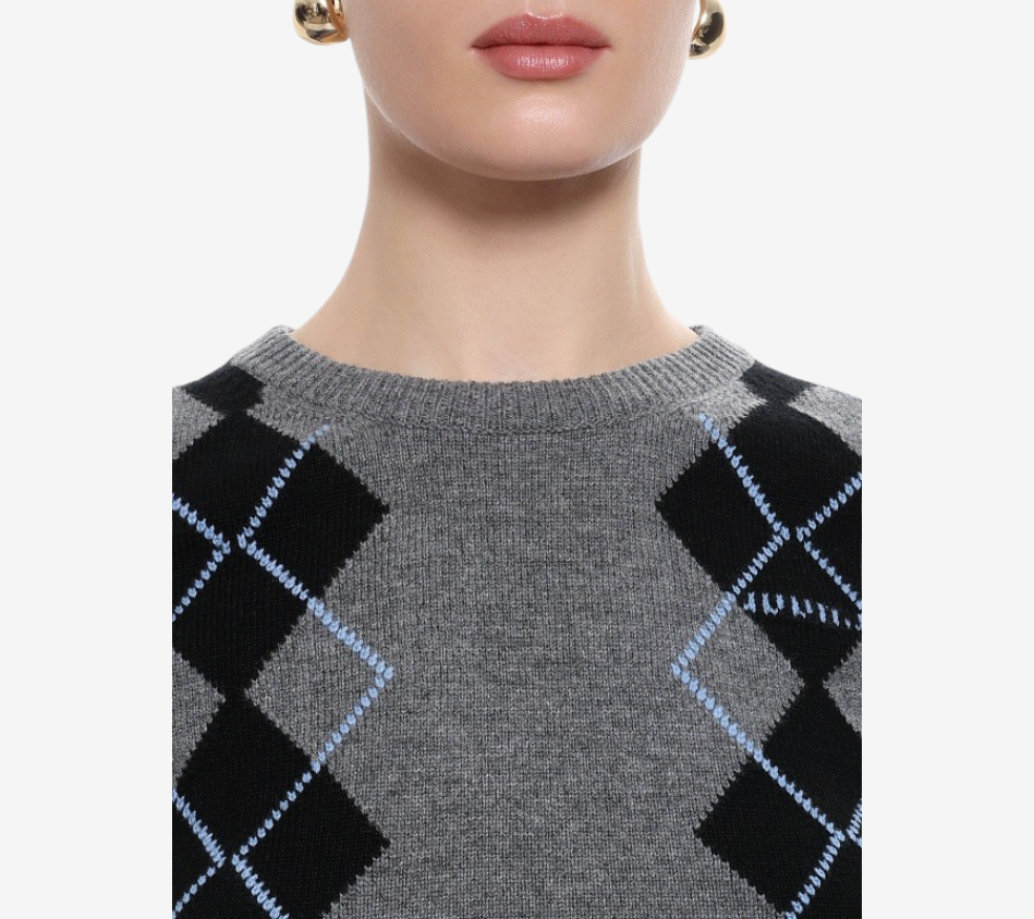 JUN-[ESSENTIAL] WOVEN SLEEVE PATCHED ARGYLE PULLOVER