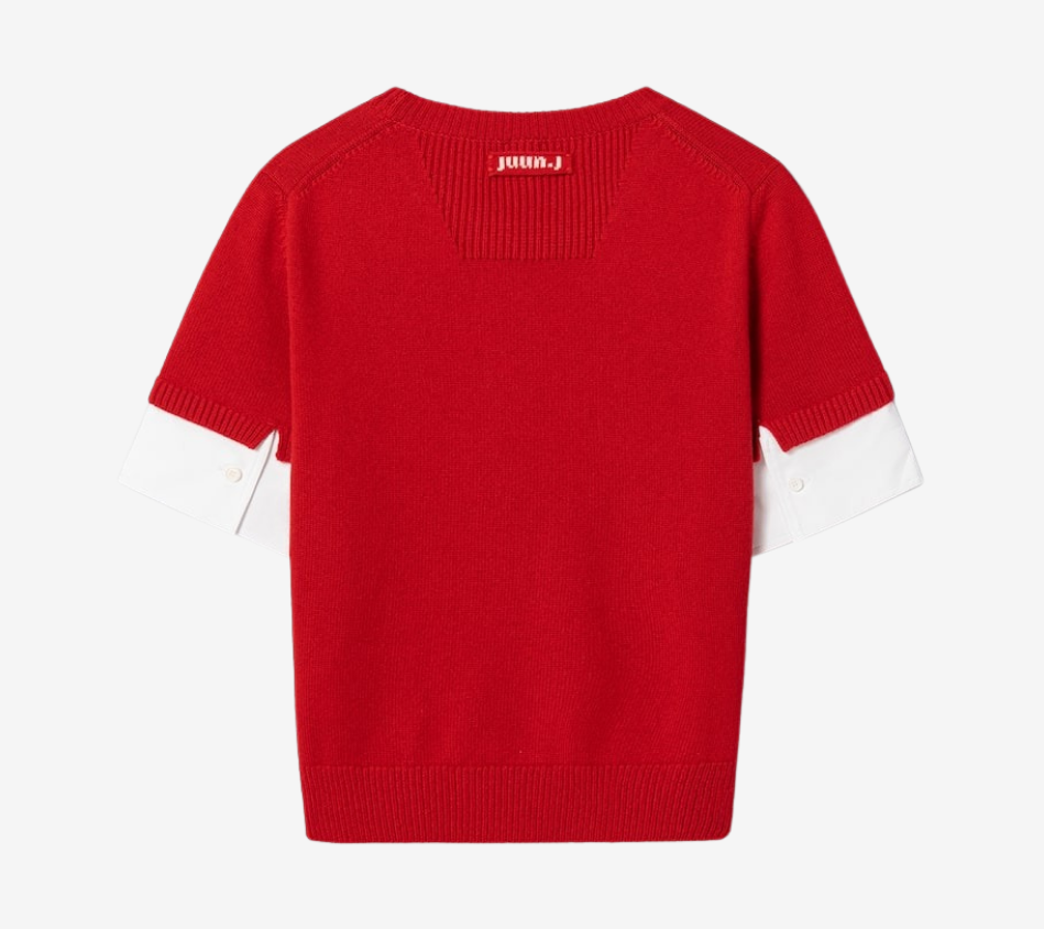 JUN-WOVEN SLEEVE PATCHED ROUND PULLOVER