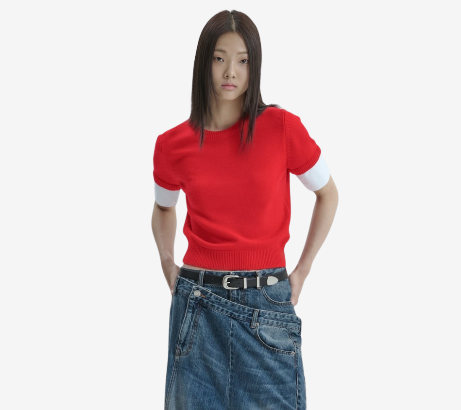 JUN-WOVEN SLEEVE PATCHED ROUND PULLOVER
