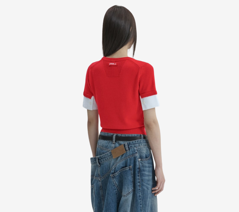 JUN-WOVEN SLEEVE PATCHED ROUND PULLOVER