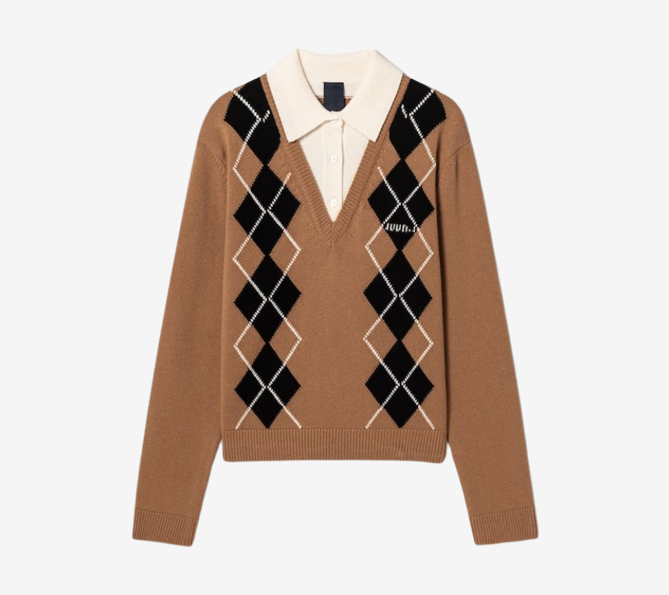 JUN-ARGYLE PULLOVER V-NECK WITH KNIT COLLAR PATCH