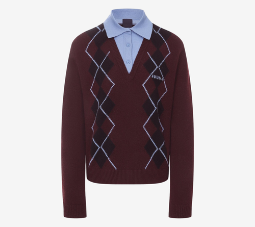 JUN-ARGYLE PULLOVER V-NECK WITH KNIT COLLAR PATCH