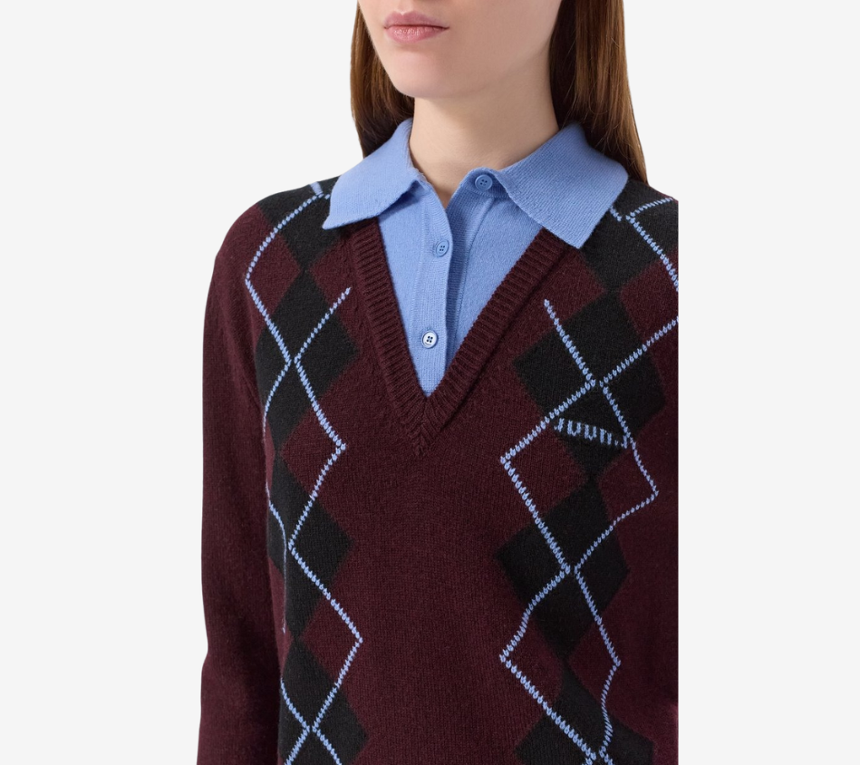 JUN-ARGYLE PULLOVER V-NECK WITH KNIT COLLAR PATCH