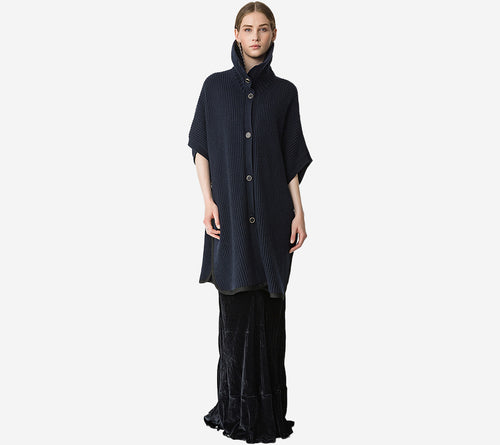 FOT-WOOL CASHMERE HALF CARDIGAN STITCH PONCHO