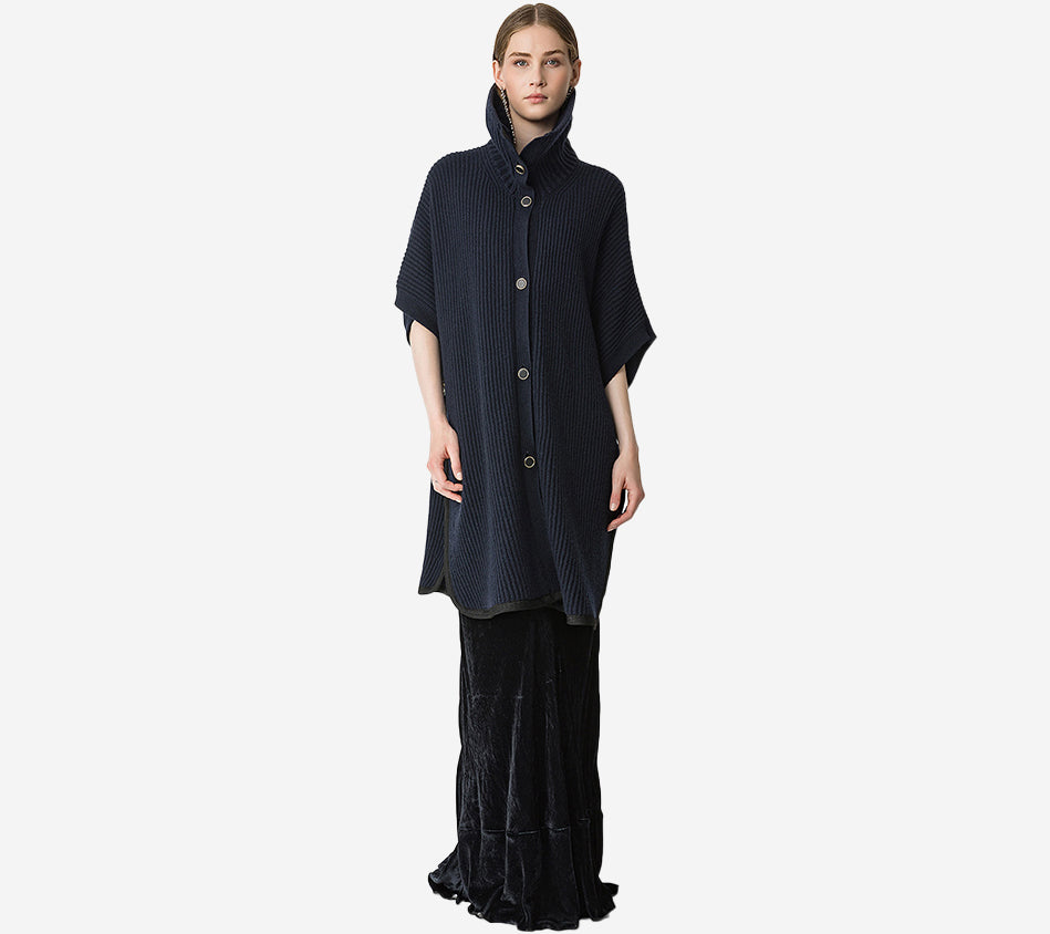 FOT-WOOL CASHMERE HALF CARDIGAN STITCH PONCHO