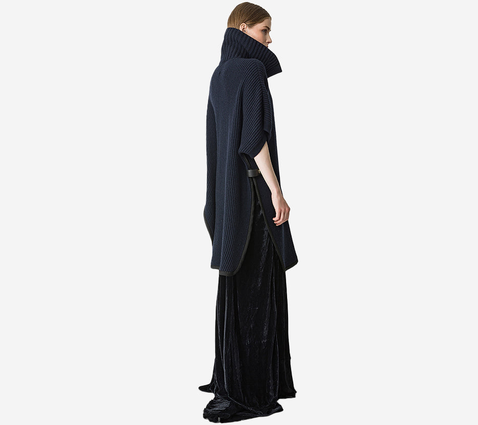 FOT-WOOL CASHMERE HALF CARDIGAN STITCH PONCHO