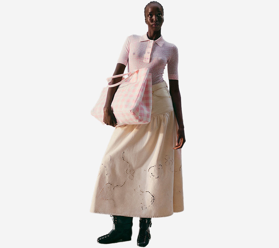 CHÂN VÁY DÀI DENIM GAN-BRODERIE ANGLAISE
