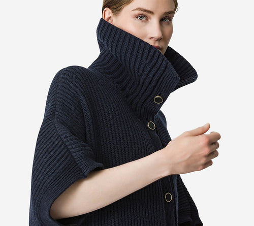FOT-WOOL CASHMERE HALF CARDIGAN STITCH PONCHO