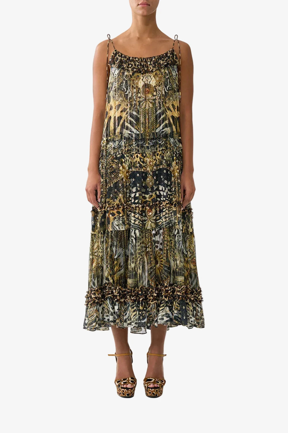 CAMILLA-GATHERED TIERED DRESS WITH FRILL DETAIL